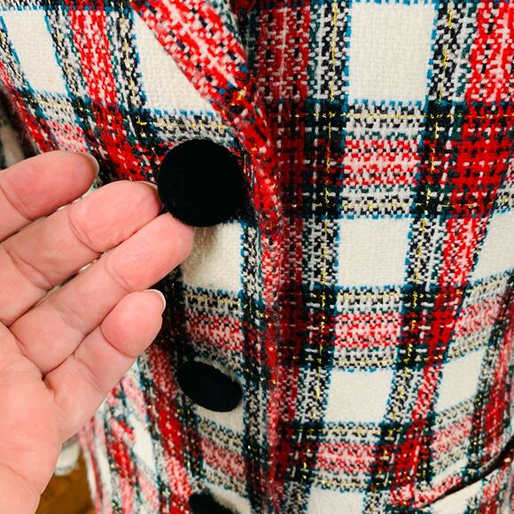 Vintage Size 6P Plaid Blazer Jacket Velvet Red Black Gold Metallic Holiday - Picture 8 of 11